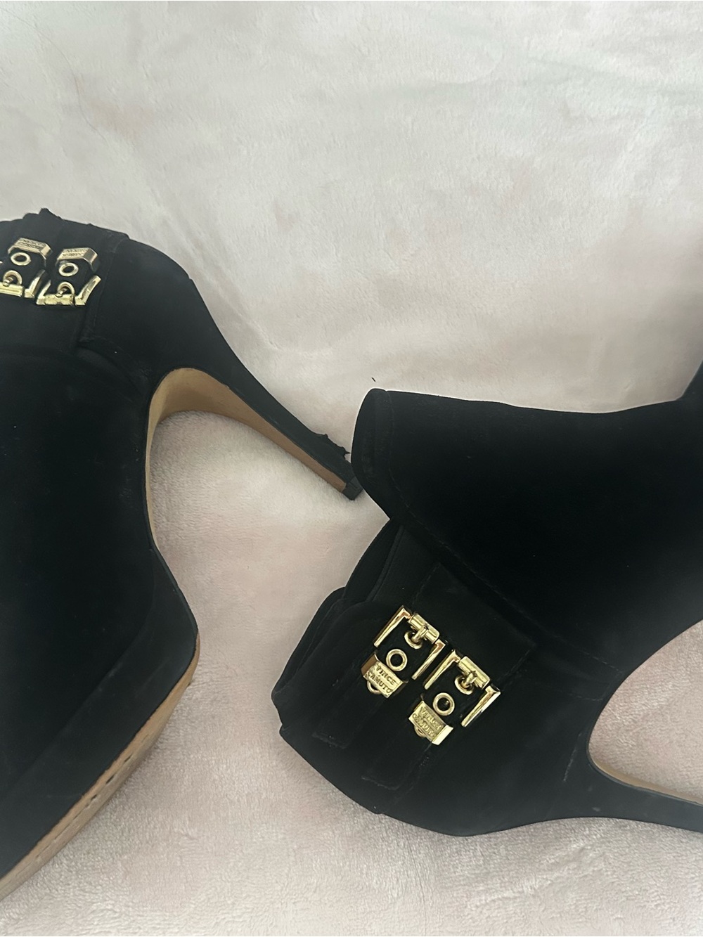 Vince Camuto Black Suede Ankle Booties with Gold Hardware